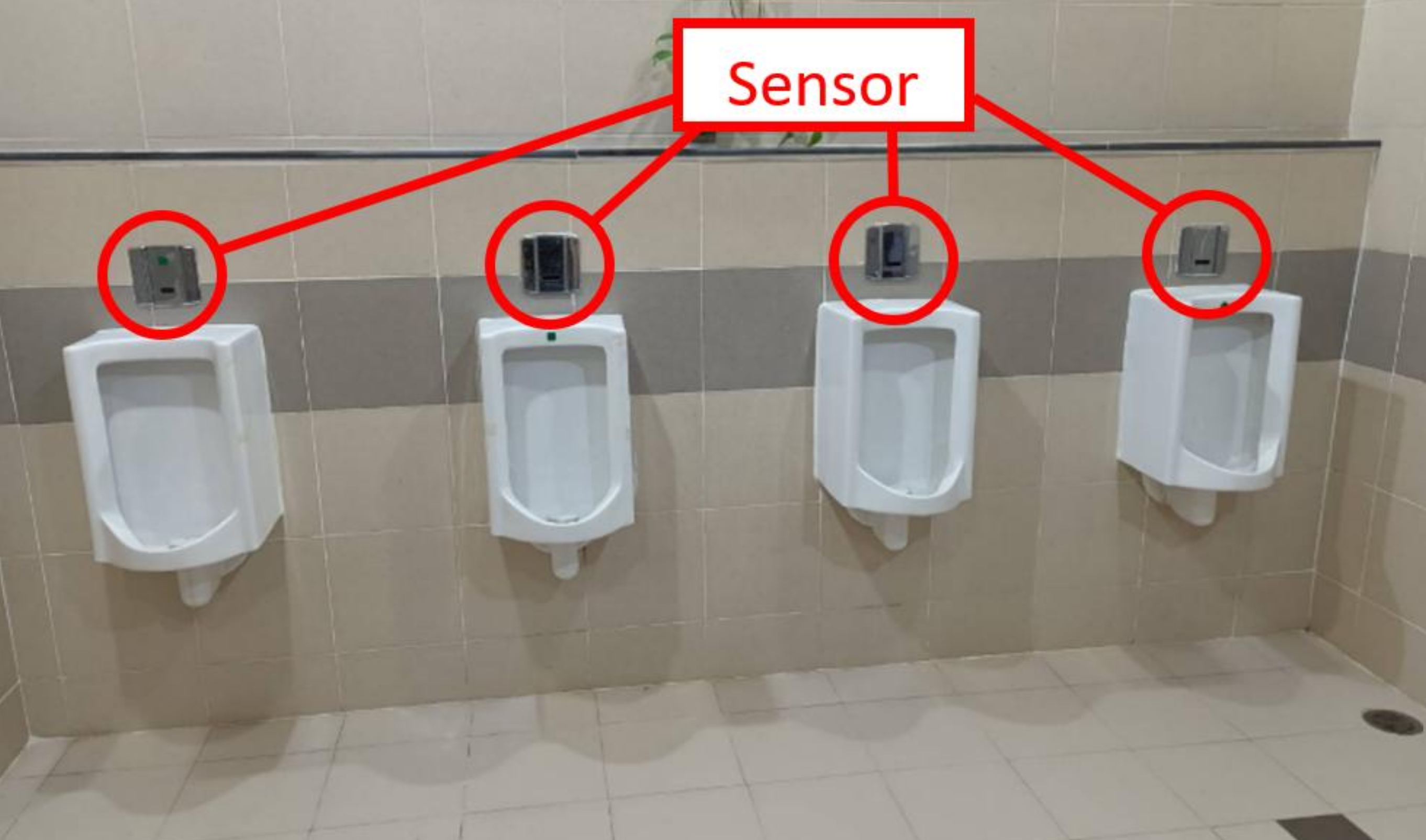 Row of four urinals each with a sensor labeled for water-saving operation