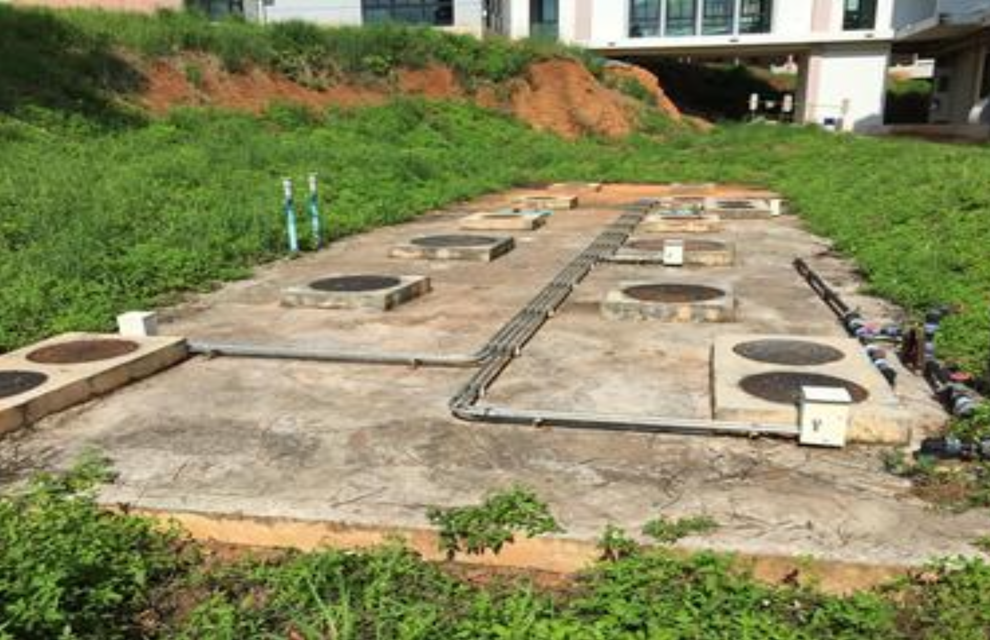 Underground water treatment tanks under construction on campus