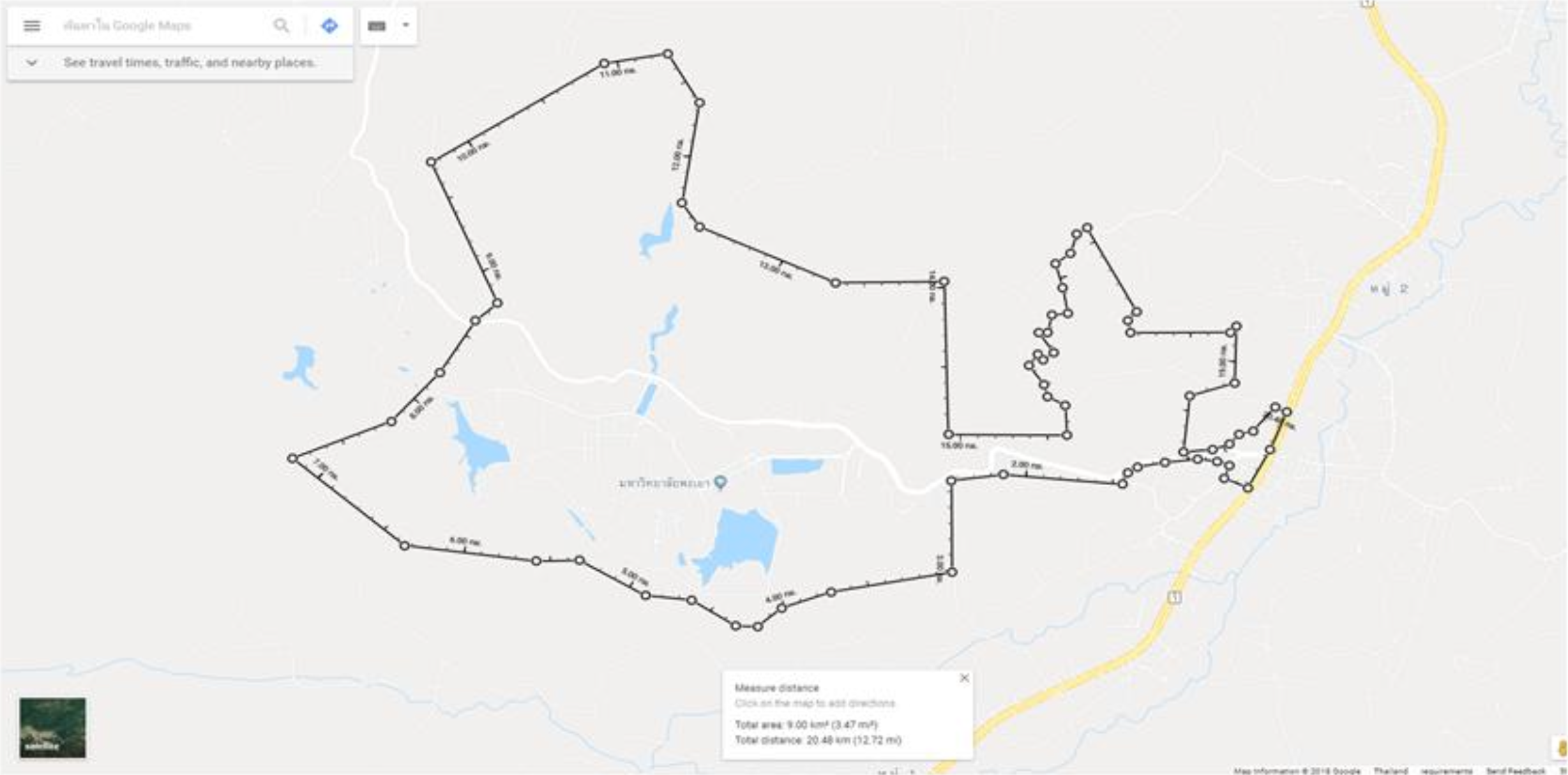 Main campus area and distance measurement, University of Phayao