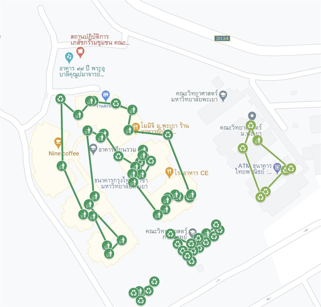 Google My Maps showing waste disposal locations across campus, University of Phayao