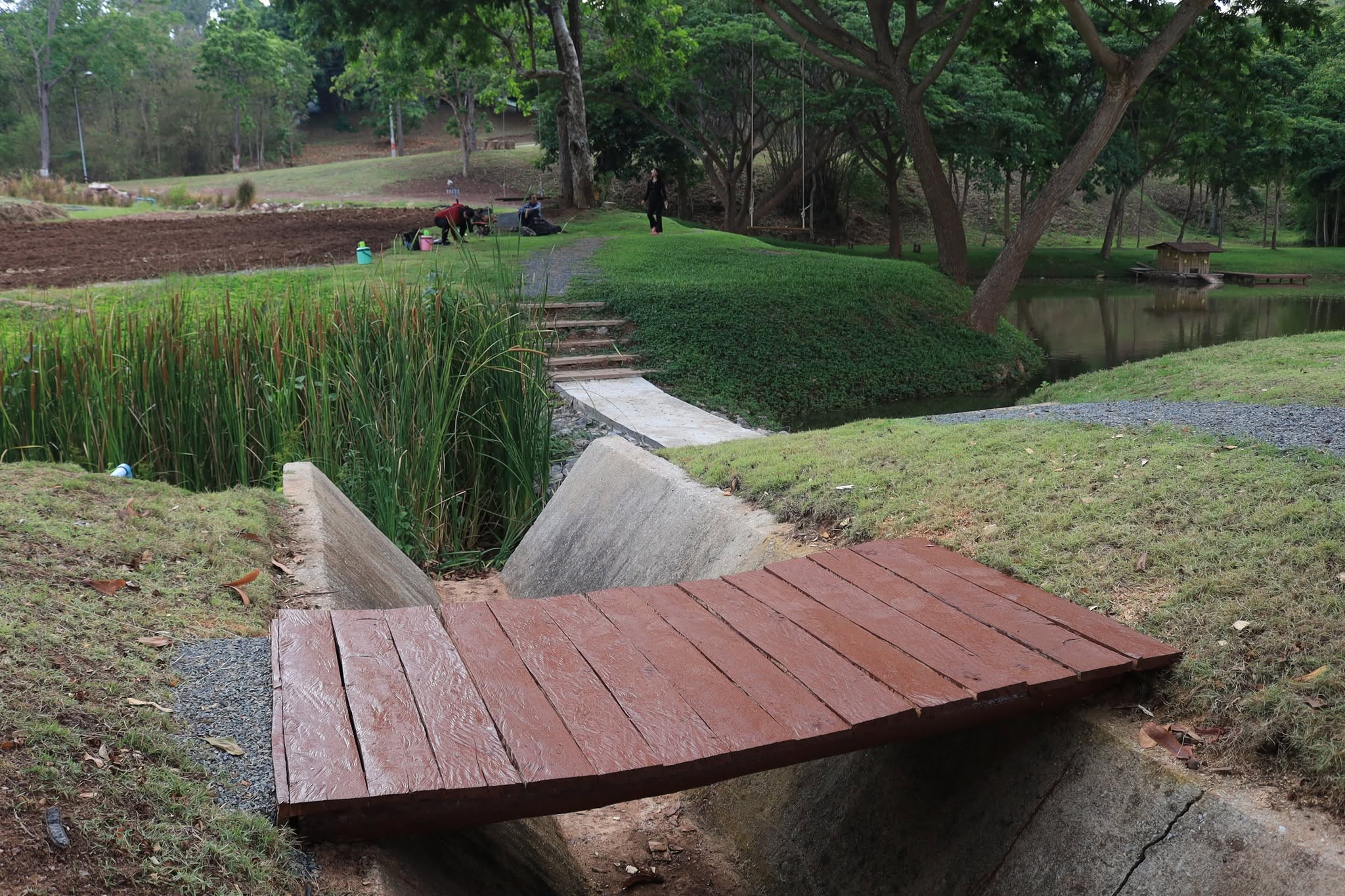 Bridge made from broken tables and signs