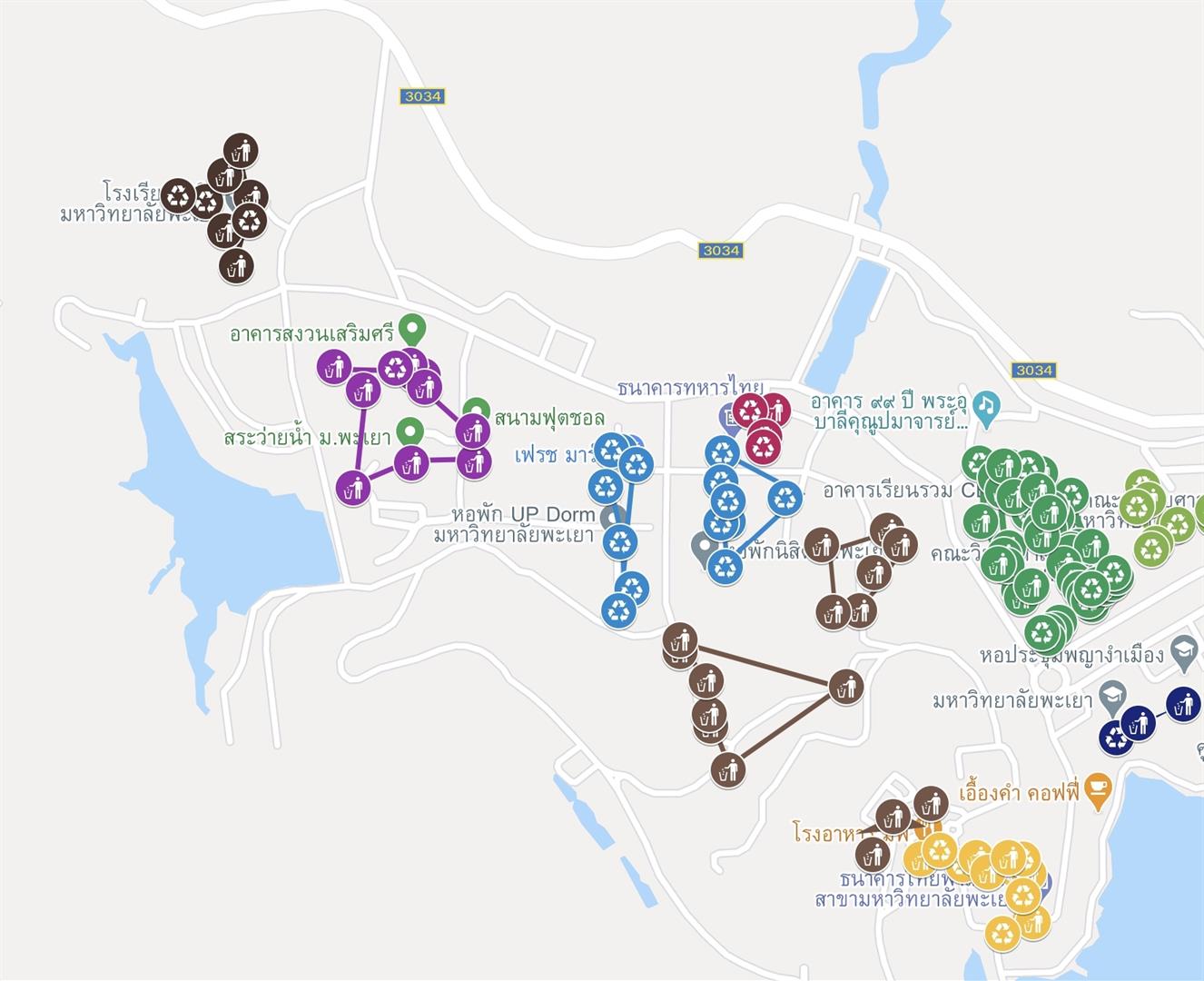 Google My Maps showing waste disposal locations across campus, University of Phayao