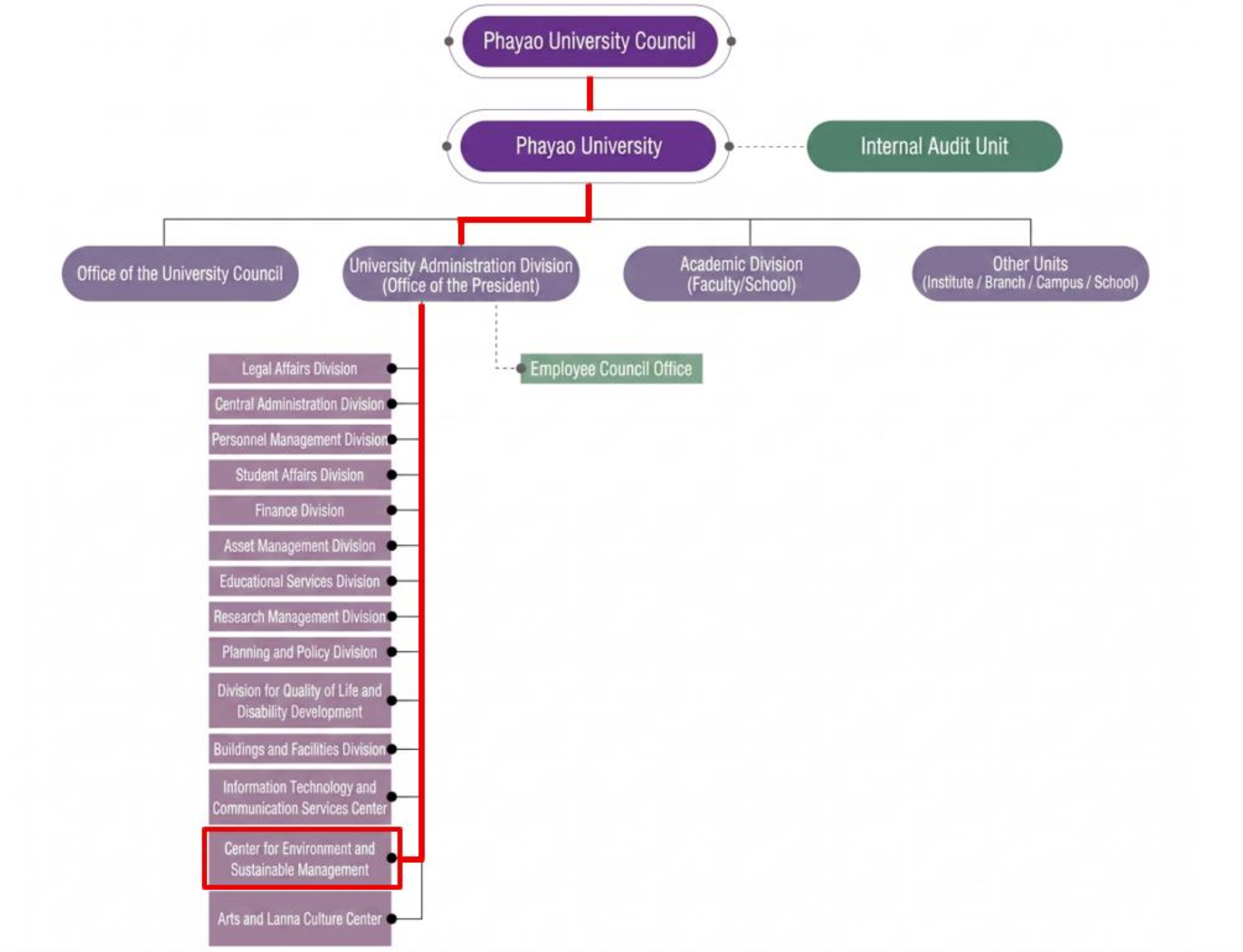 Administrative structure of the Center for Environment and Sustainable Management, University of Phayao