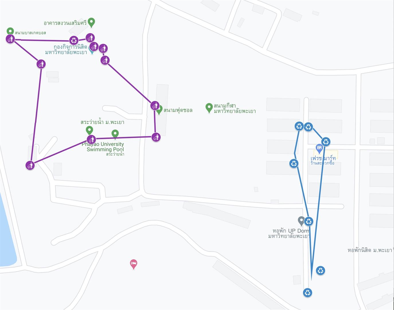 Google My Maps showing waste disposal locations across campus, University of Phayao