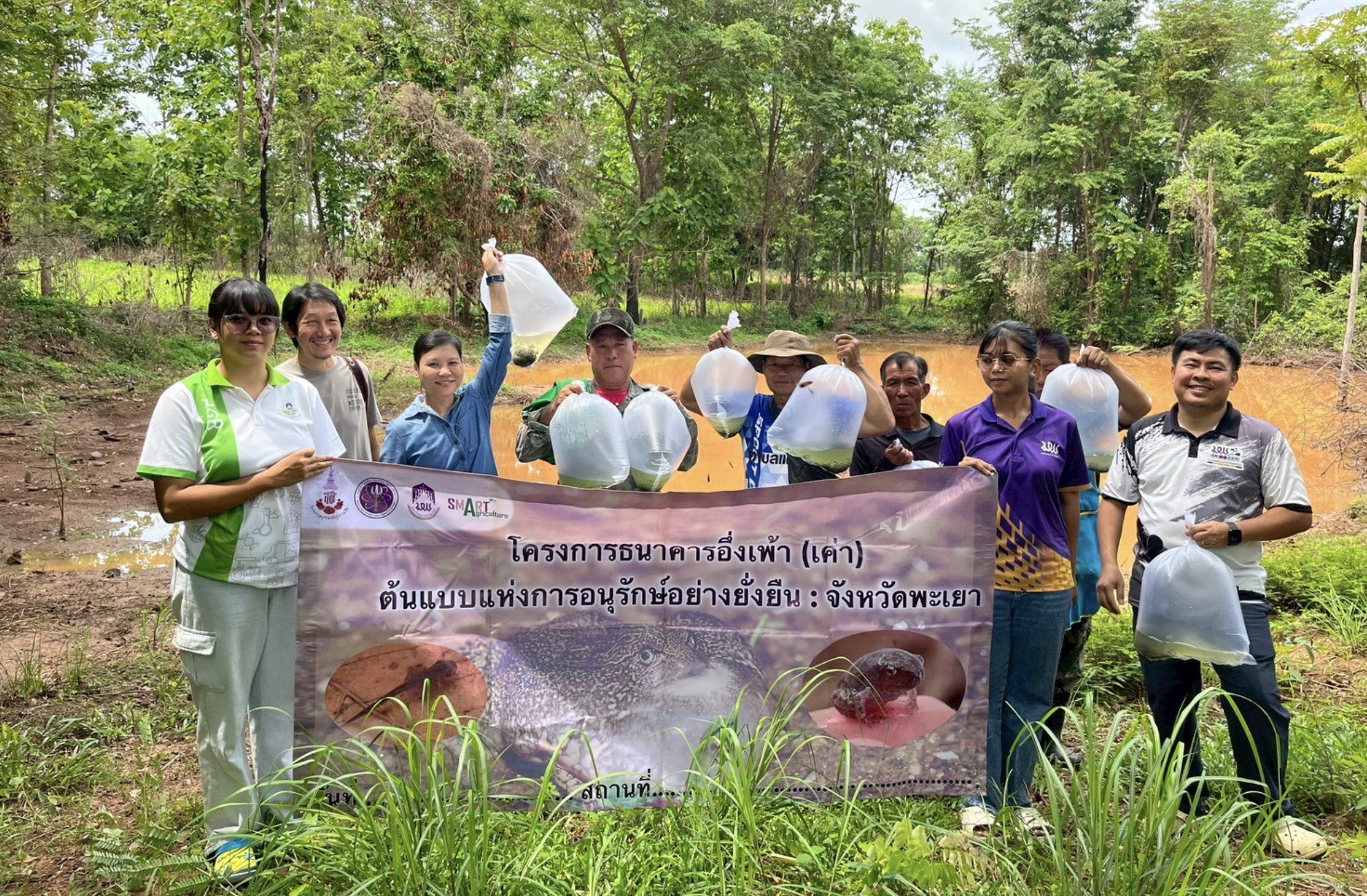 Villagers and researchers releasing juvenile frogs into a community forest