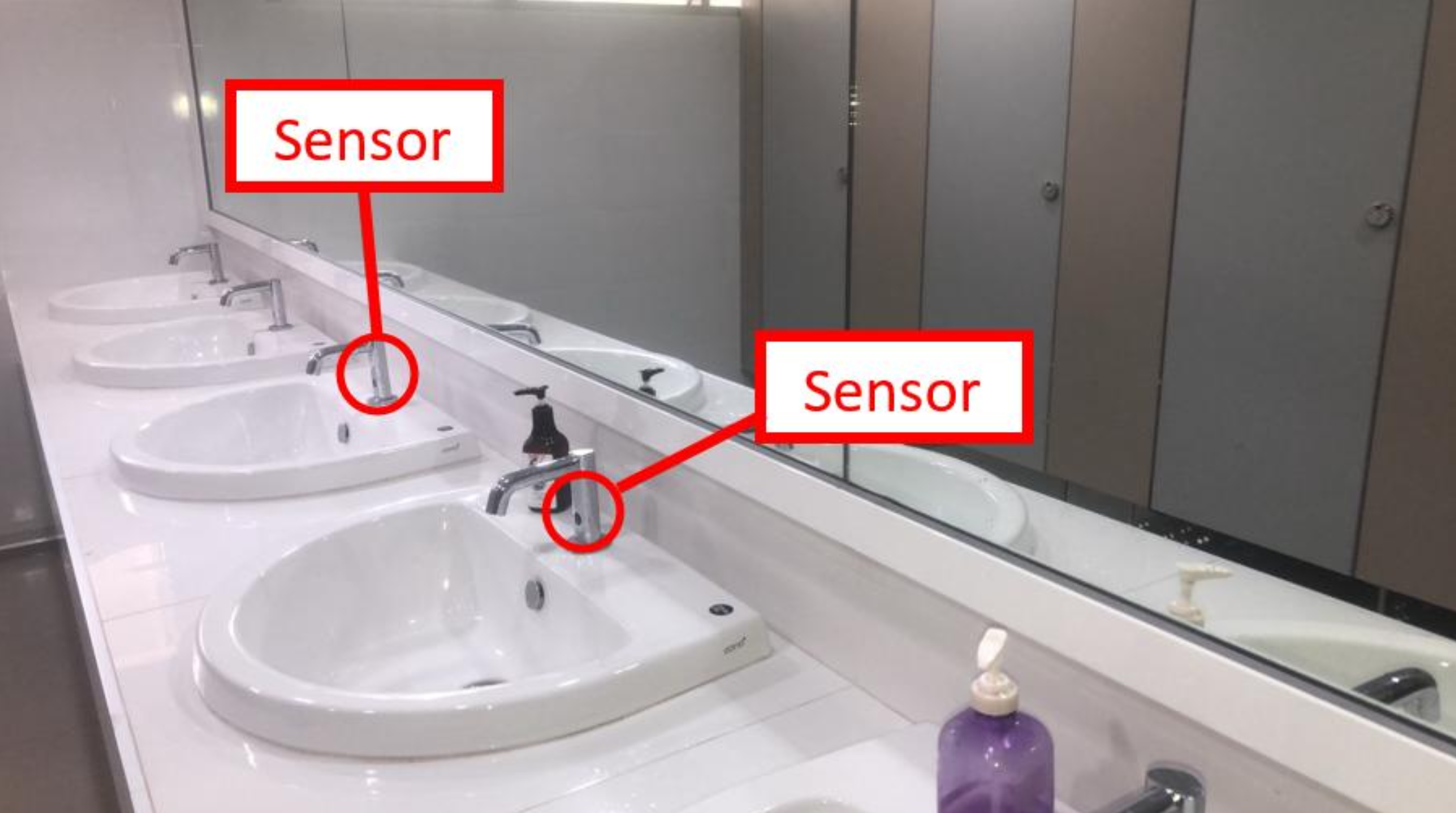 Sink faucet with sensor labeled for water-saving operation