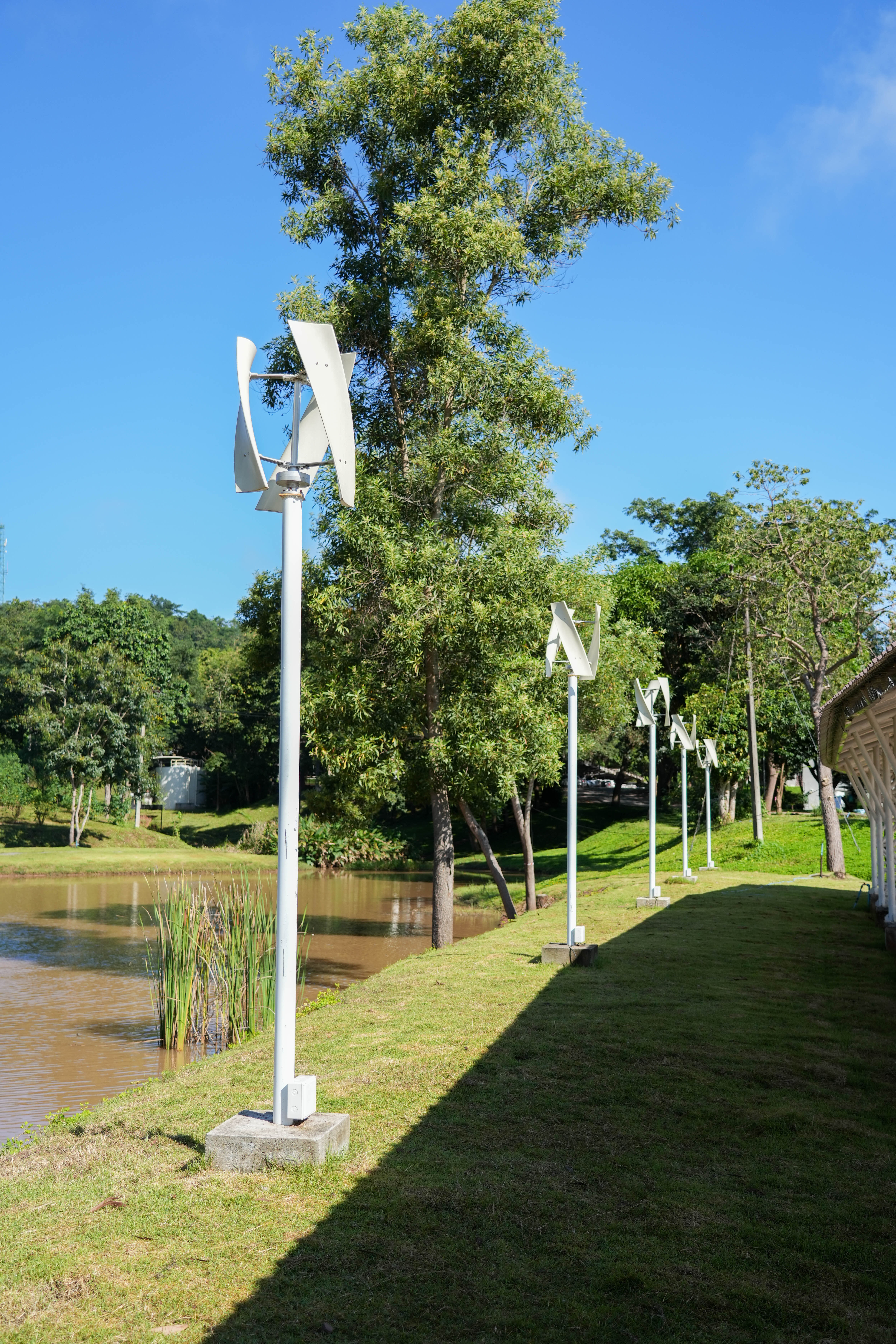 Small-scale wind turbines by the pond