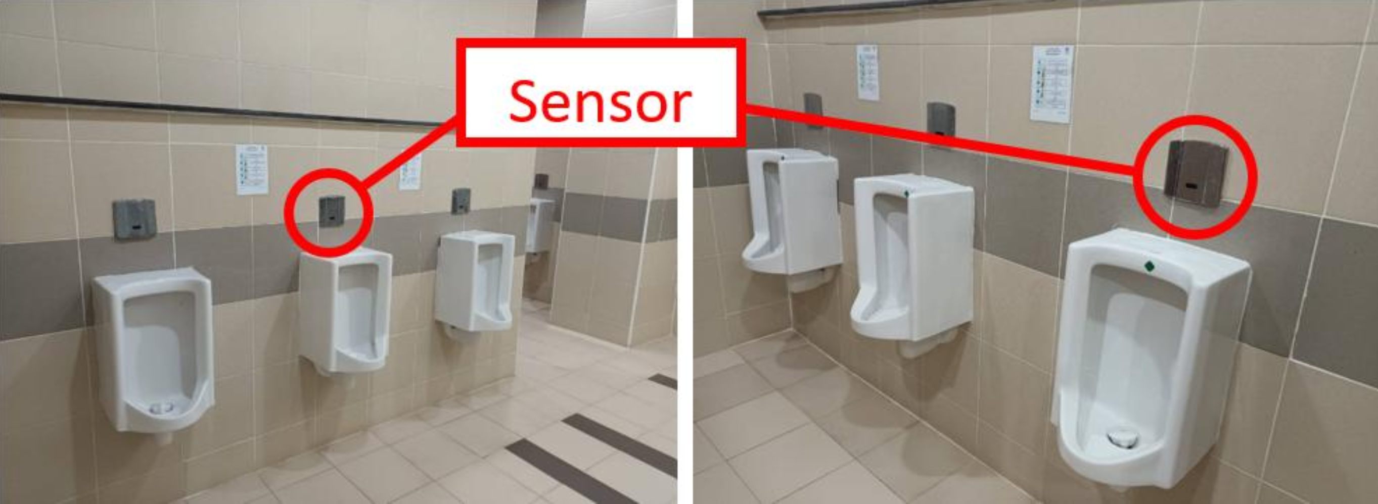 Urinals with sensors labeled for water-saving operation