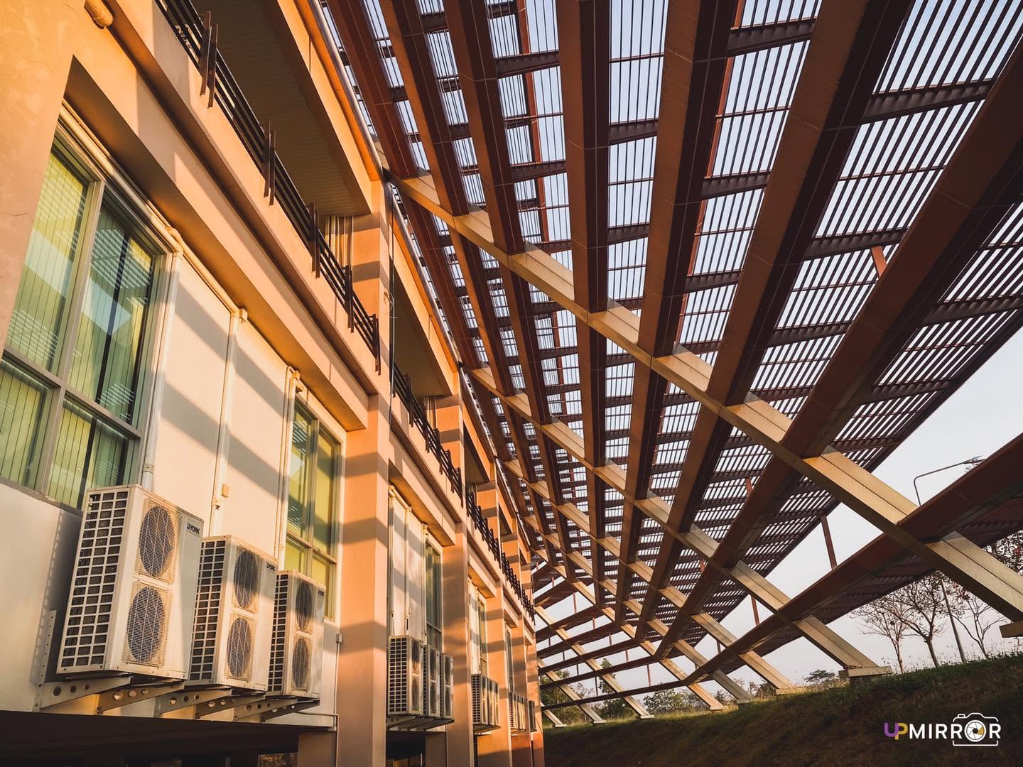Wood shading structure on building facade