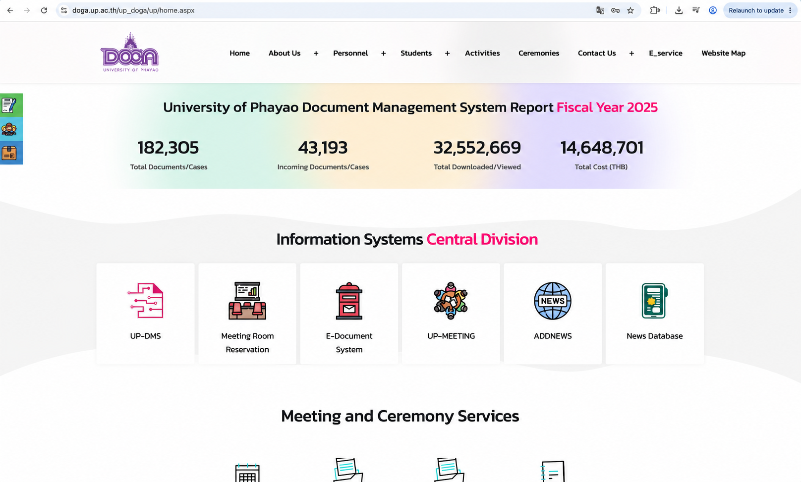 UP Document Management System usage report dashboard, University of Phayao